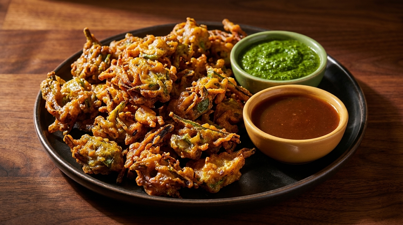 A plate of golden-brown pakoras with two small bowls of green and brown dipping sauces.