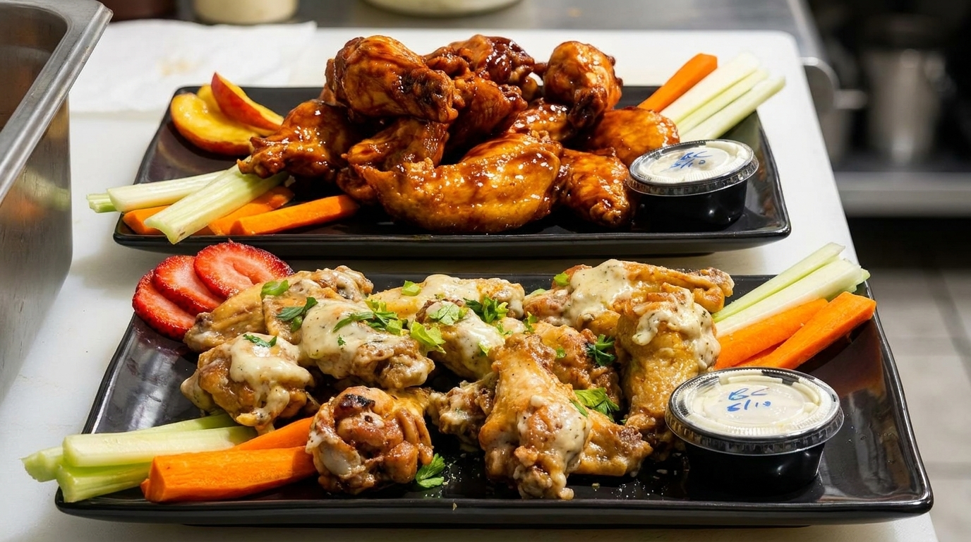 Two plates of chicken wings, one with BBQ sauce and peaches, the other with creamy sauce and strawberries.