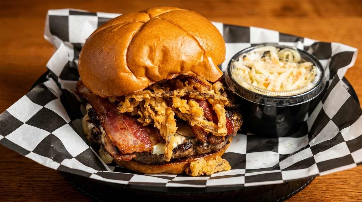 A bacon cheeseburger with crispy fried onions and a side of coleslaw in a checkered basket.