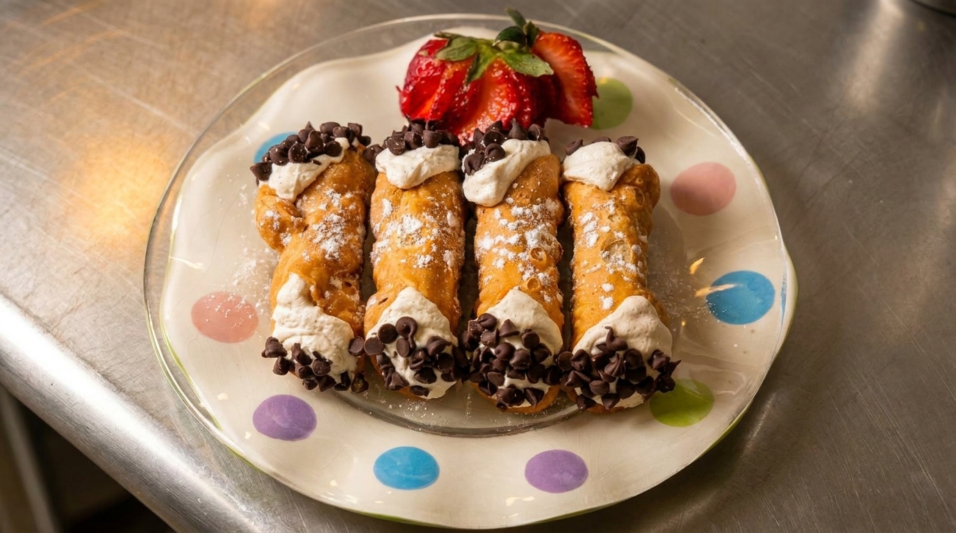 Four cannolis with powdered sugar, chocolate chips, and whipped cream, garnished with a strawberry.