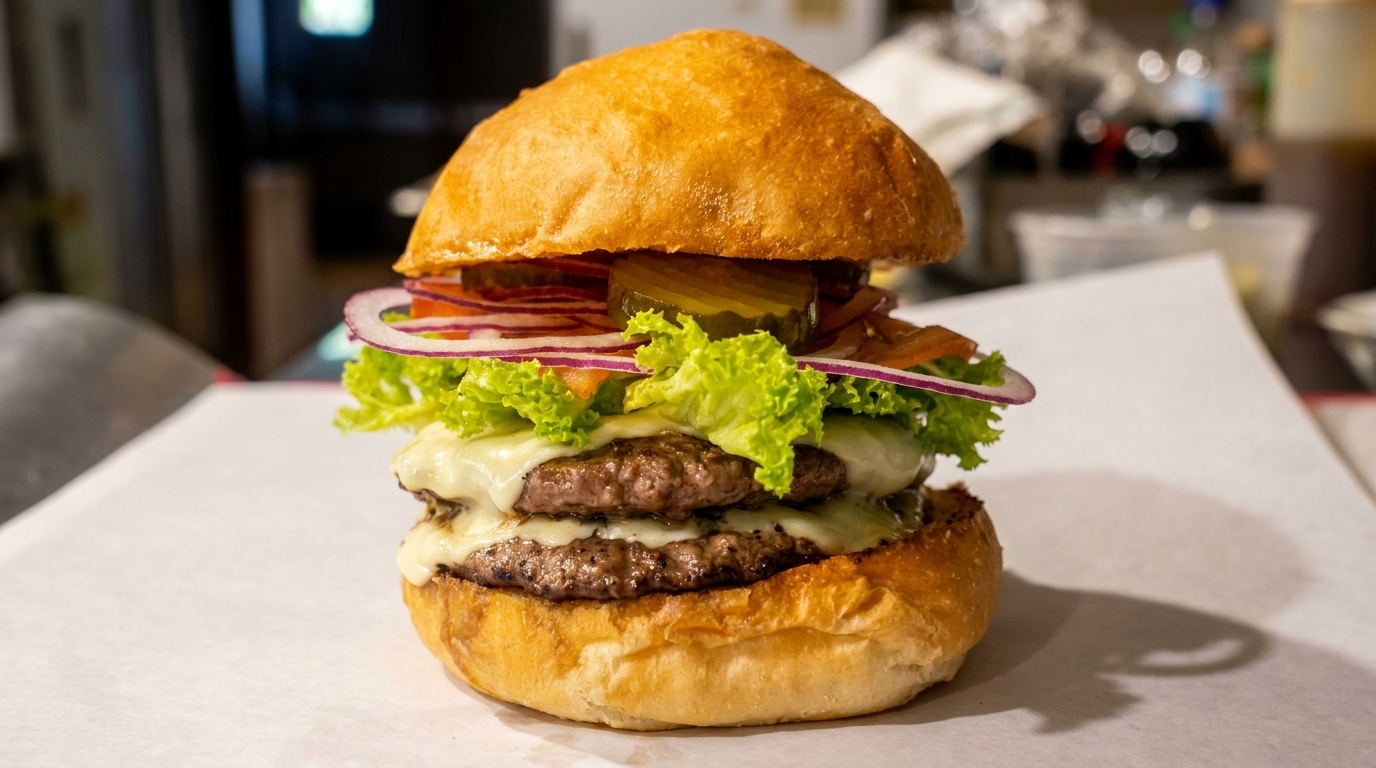 A double cheeseburger with lettuce, tomato, red onion, and pickles on a brioche bun.