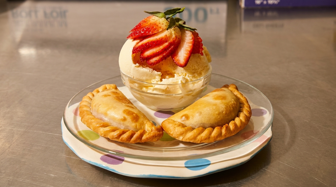 Two golden-brown empanadas flank a bowl of vanilla ice cream topped with sliced strawberries.