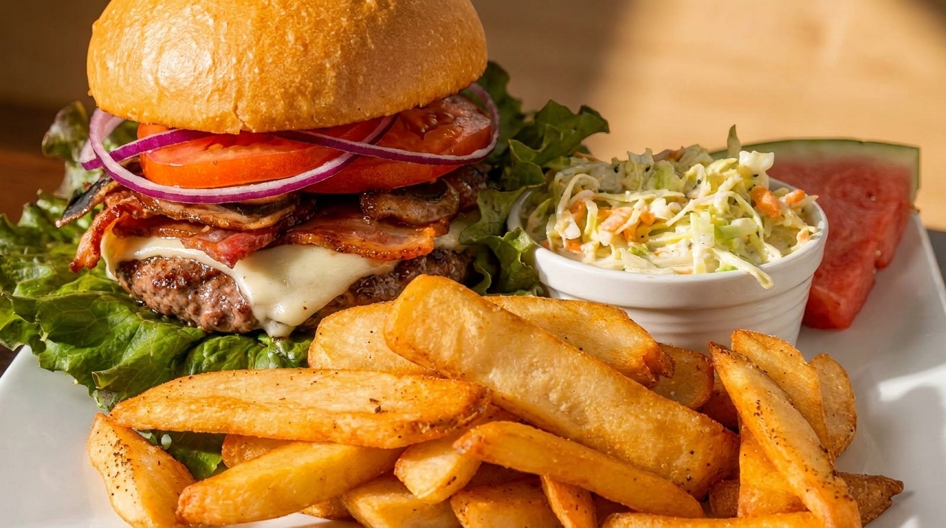 A bacon cheeseburger with lettuce, tomato, and onion, served with fries, coleslaw, and watermelon.