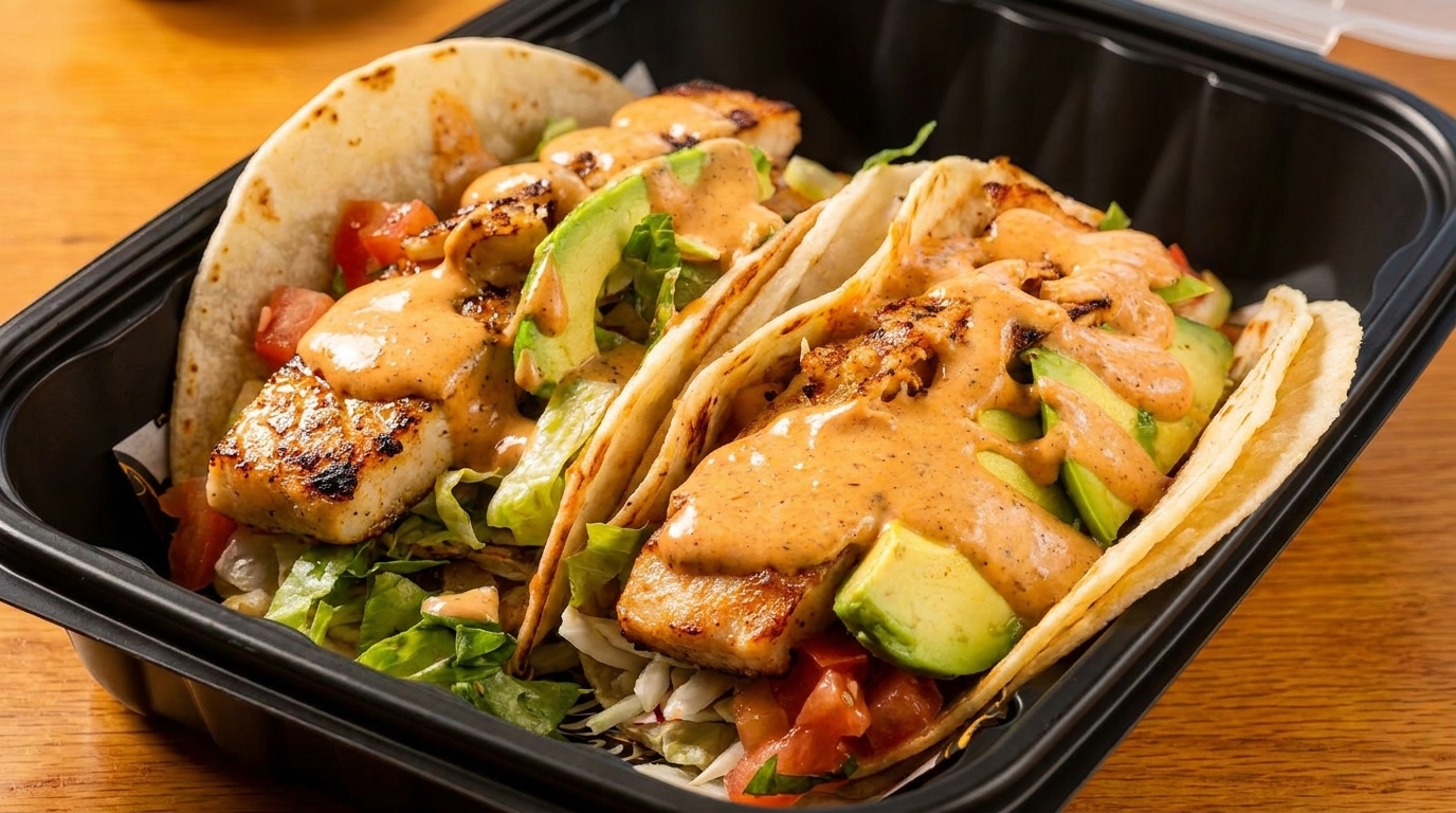 Three fish tacos with grilled fish, avocado, lettuce, tomatoes, and sauce in a black container.