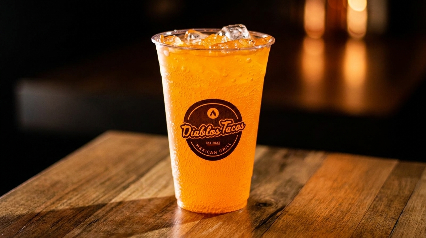 Diablos Tacos Mexican Grill branded cup filled with an orange soda and ice on a wooden table.