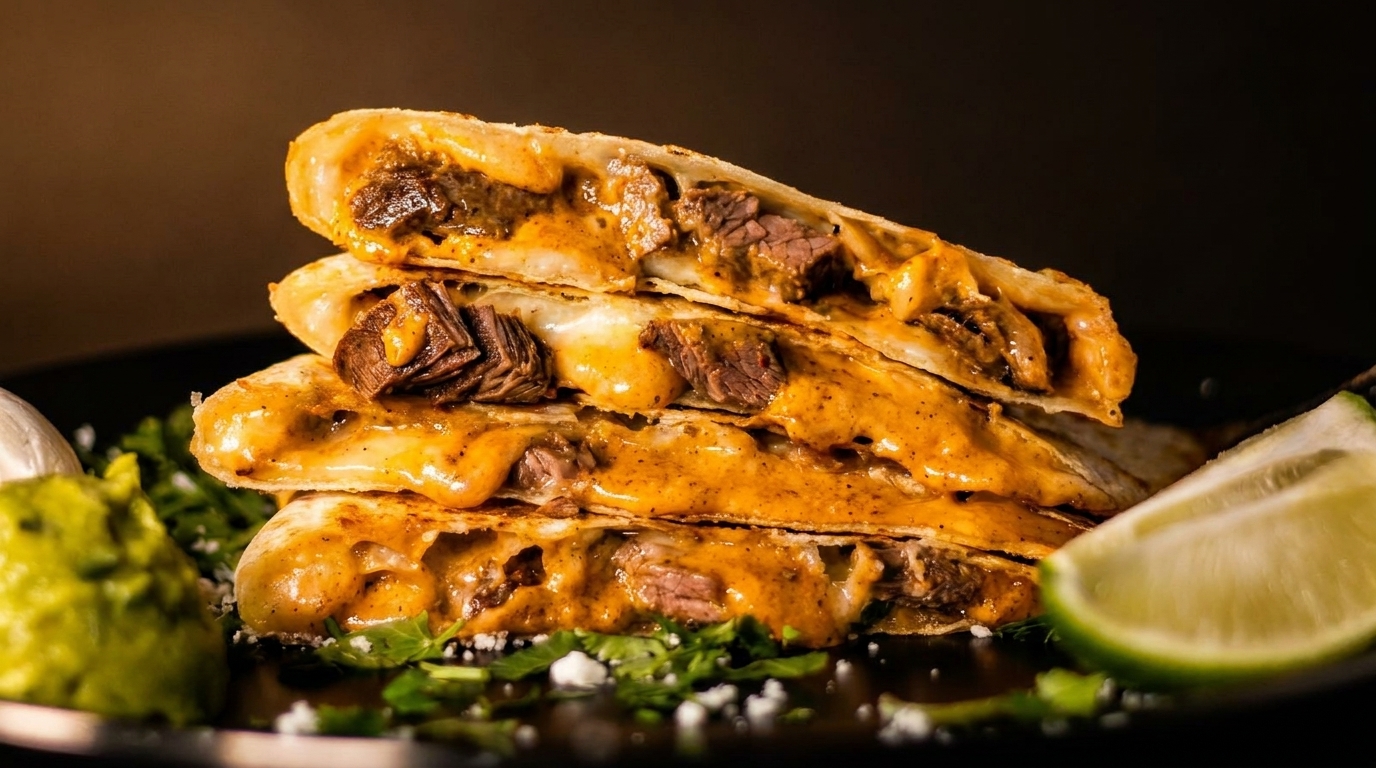 Stack of three beef and cheese quesadilla wedges, with guacamole, sour cream, and lime.