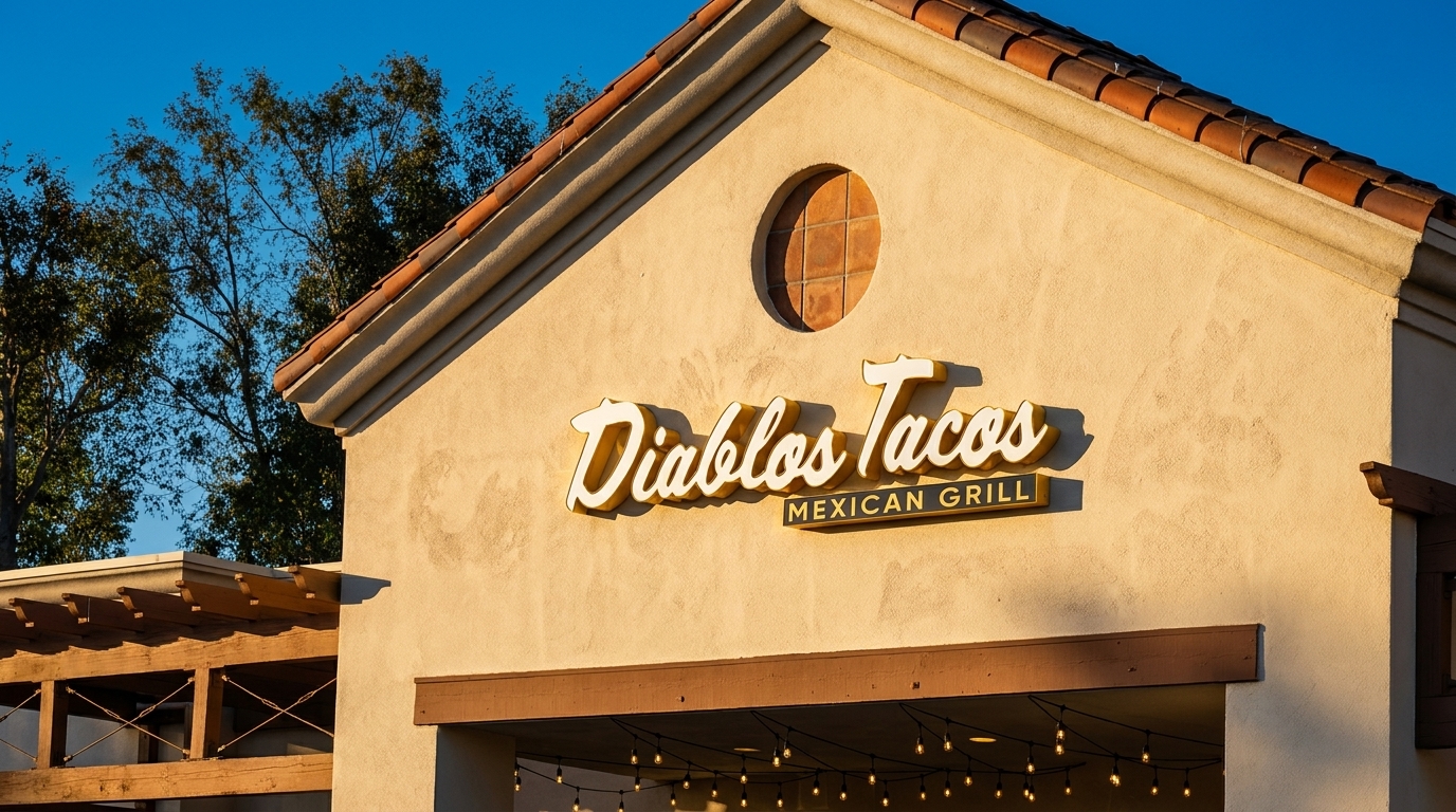 Diablos Tacos Mexican Grill sign on a stucco building with a tiled roof under a blue sky.