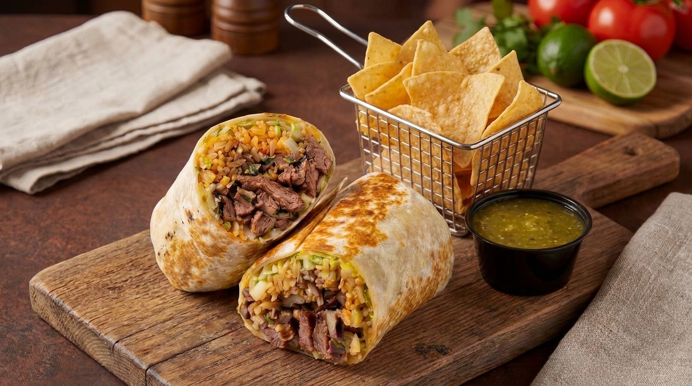 Two steak burritos, one cut in half, with a side of tortilla chips and salsa verde.