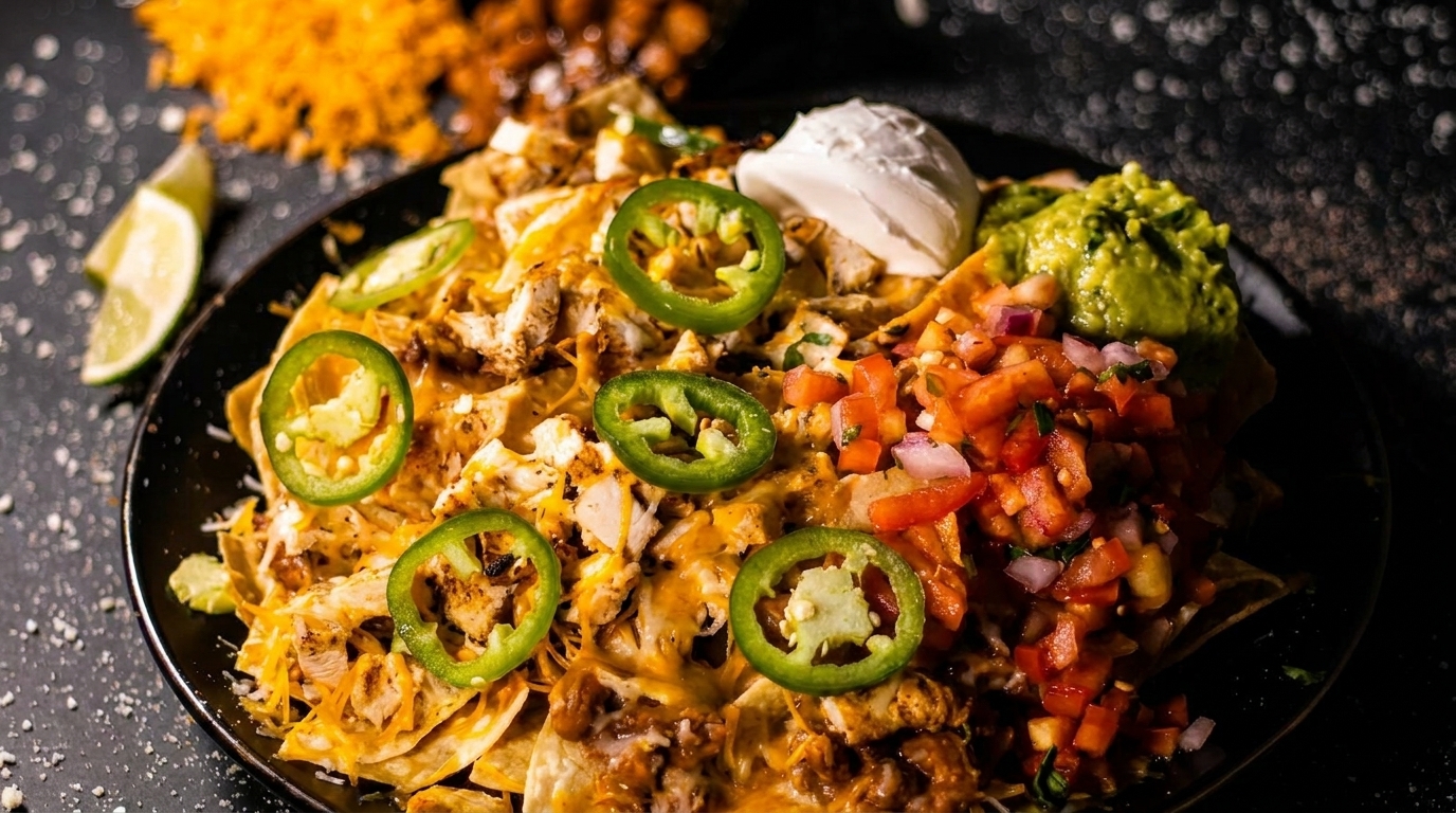 Loaded nachos with chicken, cheese, jalapeños, pico de gallo, guacamole, and sour cream.