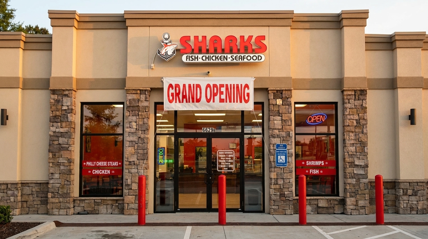 The exterior of Sharks Fish Chicken Seafood restaurant with a "Grand Opening" banner above the entrance.