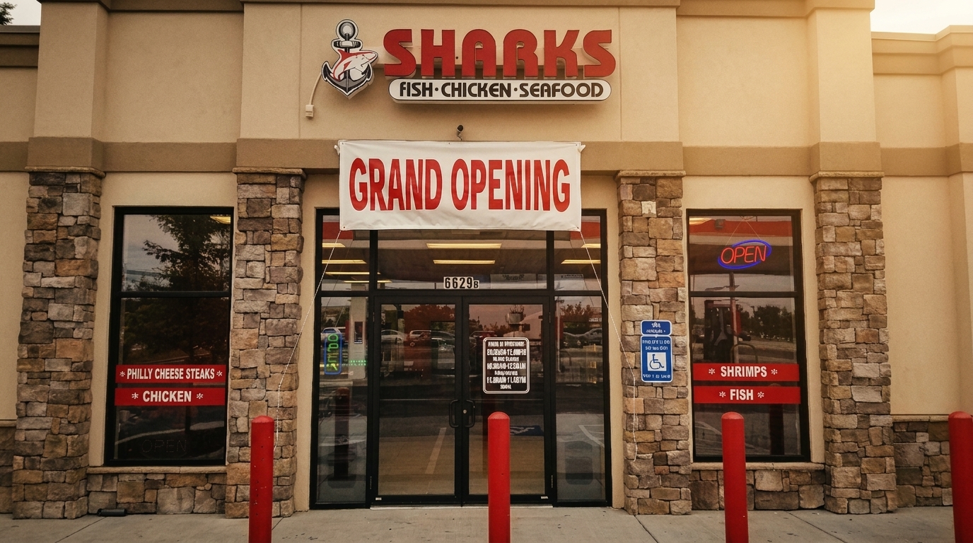 The exterior of Sharks Fish Chicken Seafood restaurant with a "Grand Opening" banner above the entrance.