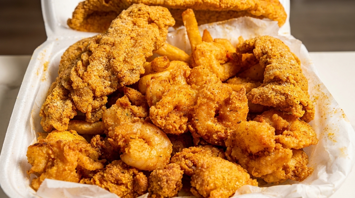 Close-up of a takeout container filled with golden-fried shrimp, fish, and french fries.