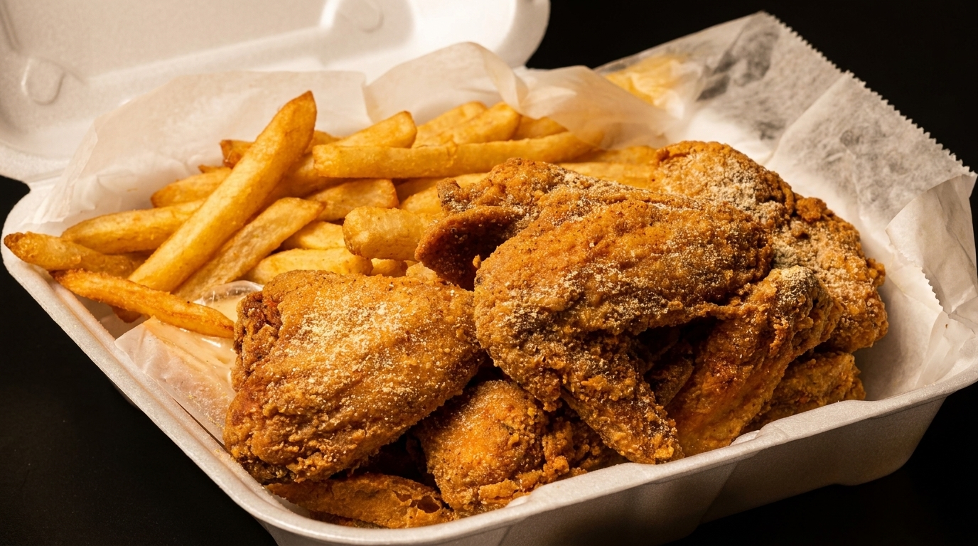 Crispy fried chicken pieces and golden french fries in a white takeout container.