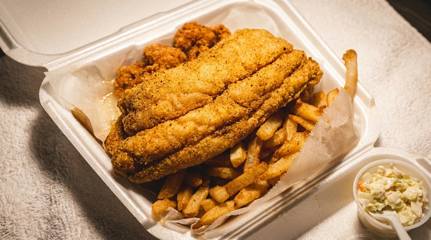 Fried fish fillets, shrimp, and french fries in a takeout container with a side of coleslaw.