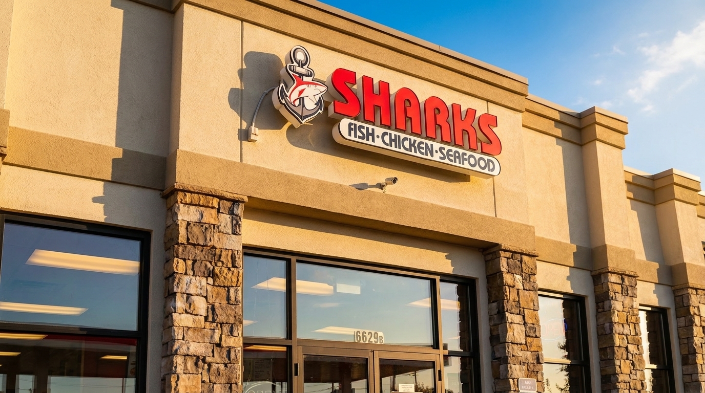 Exterior of Sharks Fish & Chicken restaurant with a red and white sign against a blue sky.