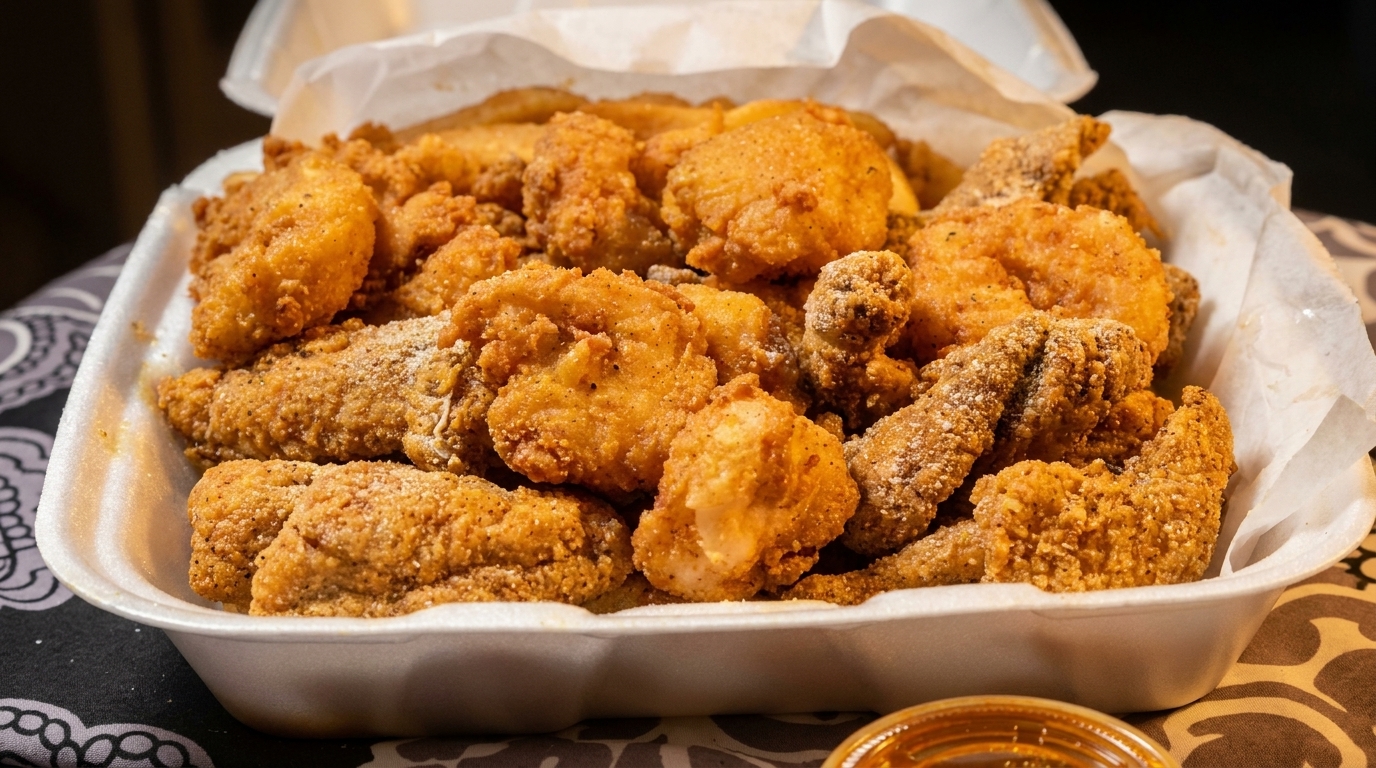 A white takeout container overflowing with golden-brown fried catfish and shrimp.