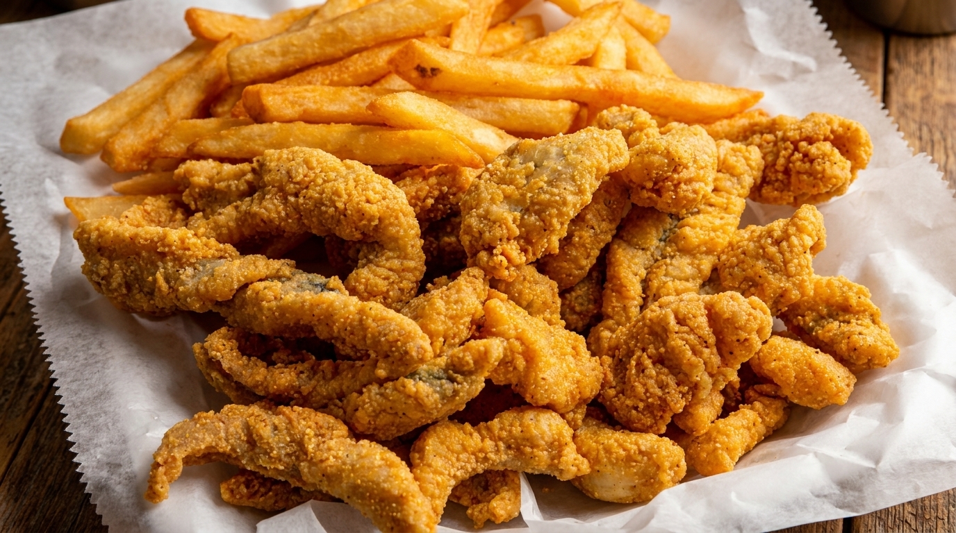 A basket of golden-brown fried catfish and crispy french fries on white paper.