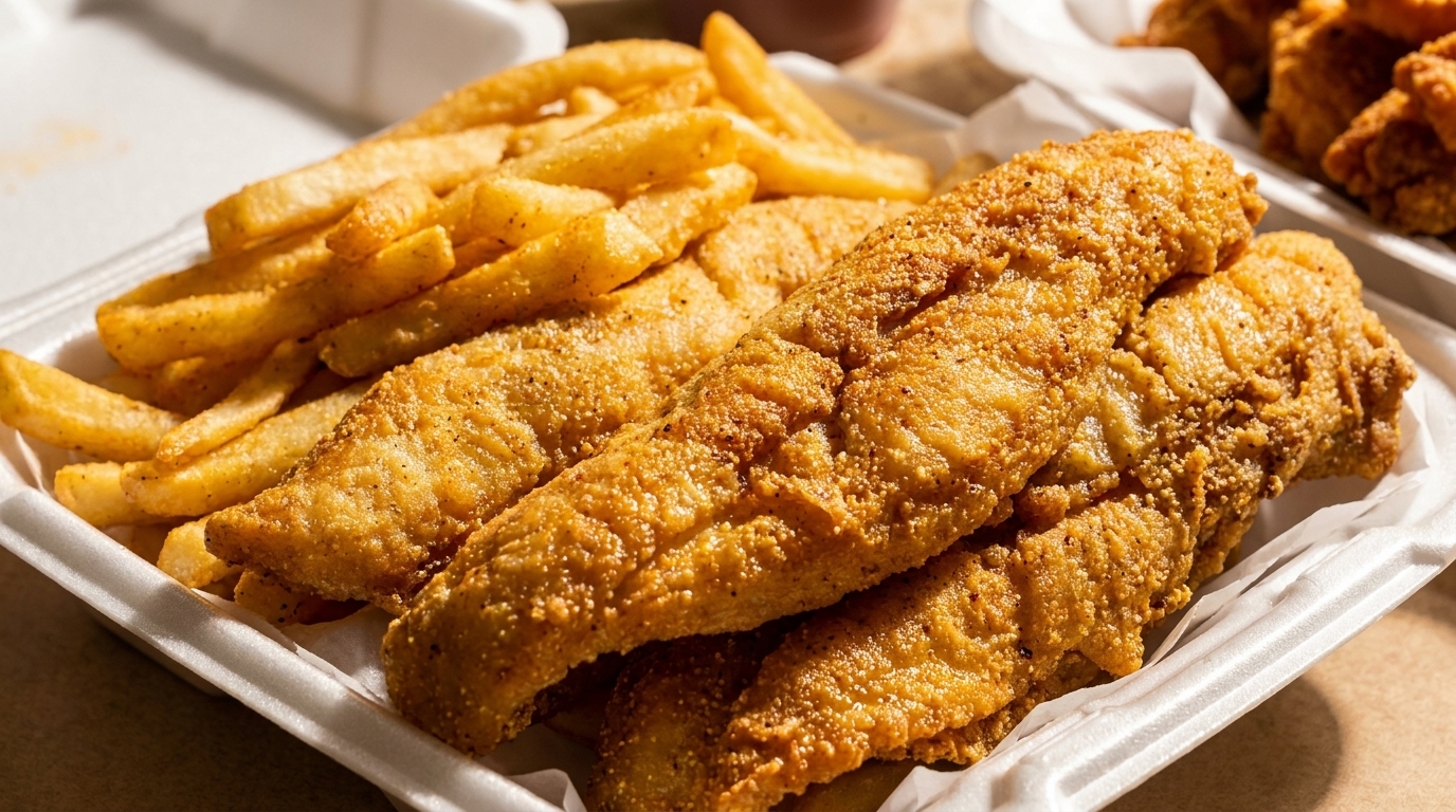 Crispy fried fish fillets and golden french fries served in a white takeout container.