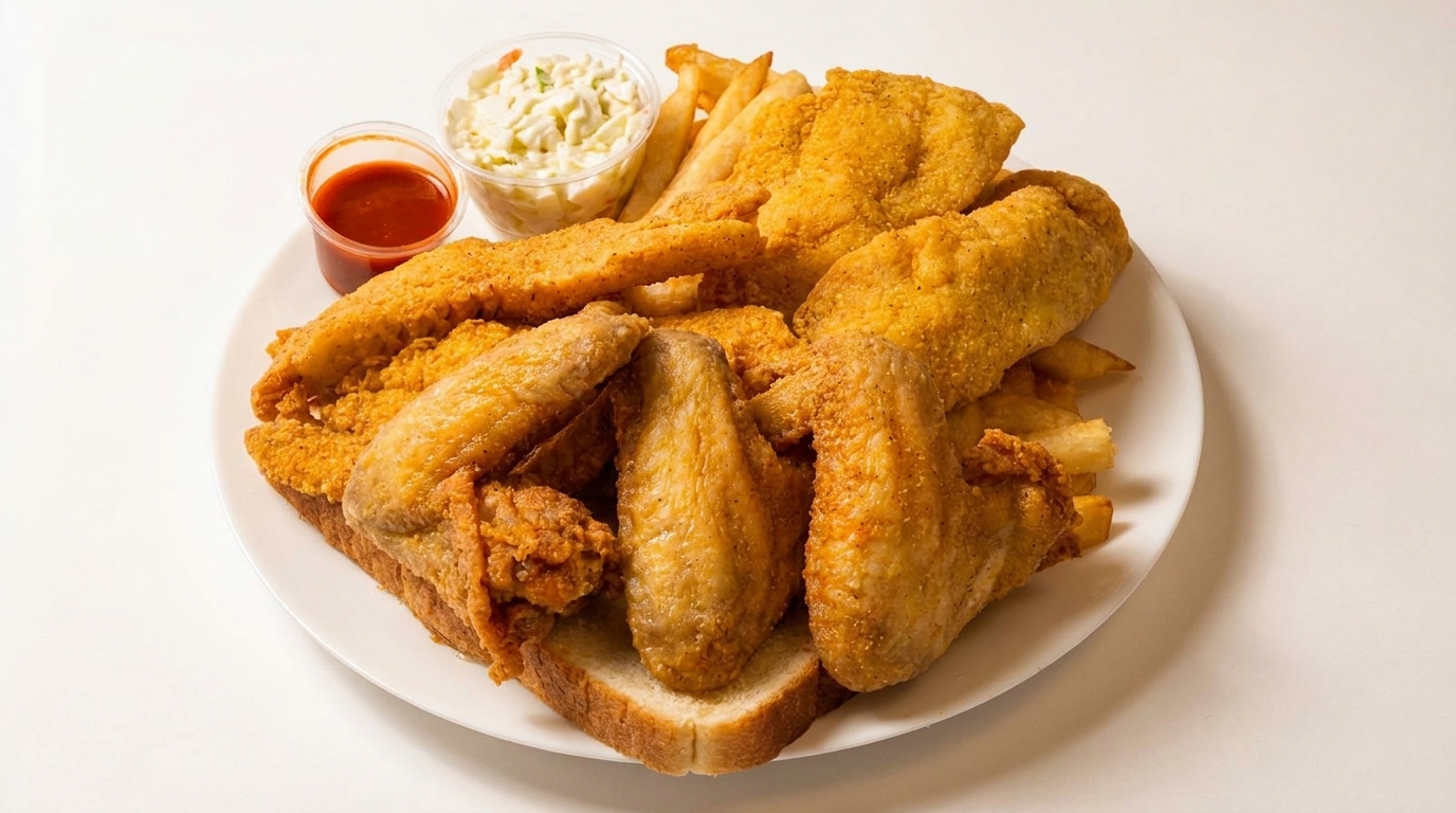 Wings. Catfish. Crab Bites.