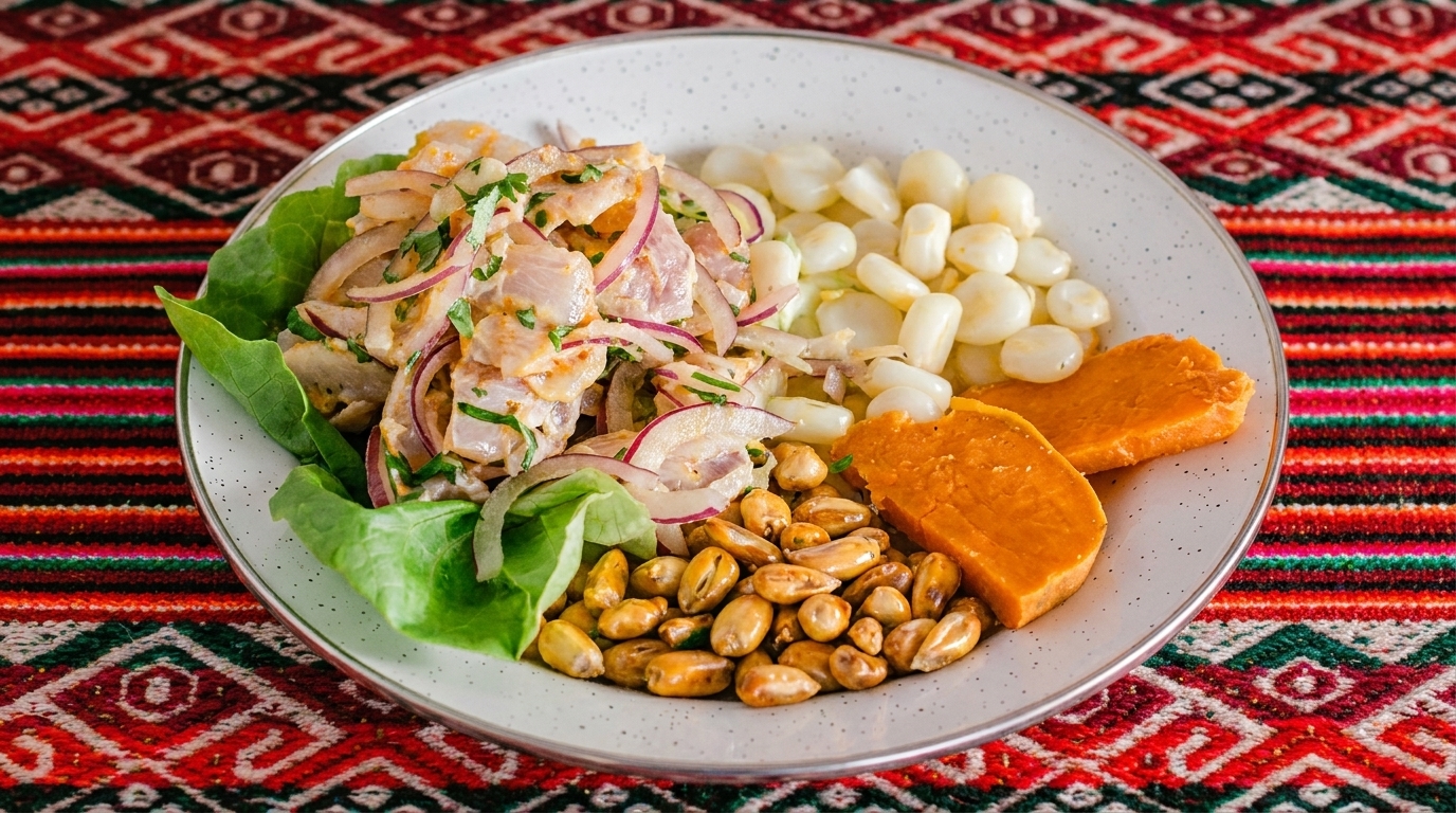 Peruvian ceviche with fish, red onions, corn, sweet potato, and toasted corn on a colorful tablecloth.