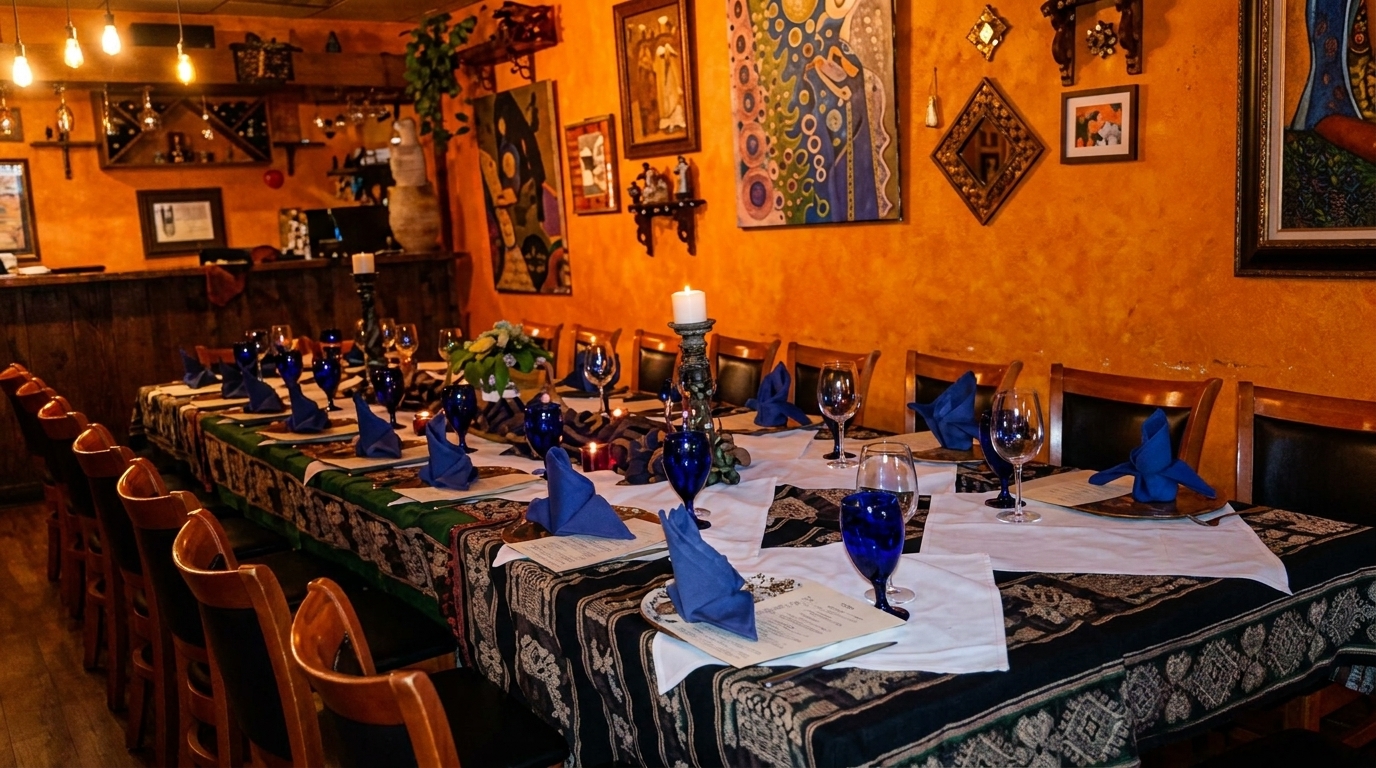 A long dining table set with blue glasses and napkins, against an orange wall with art.