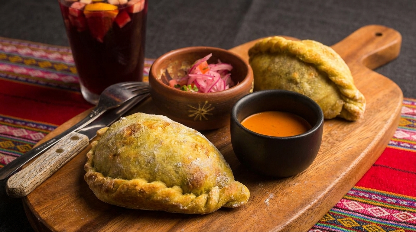 Two empanadas, a bowl of pickled onions, and a dipping sauce on a wooden board with sangria.