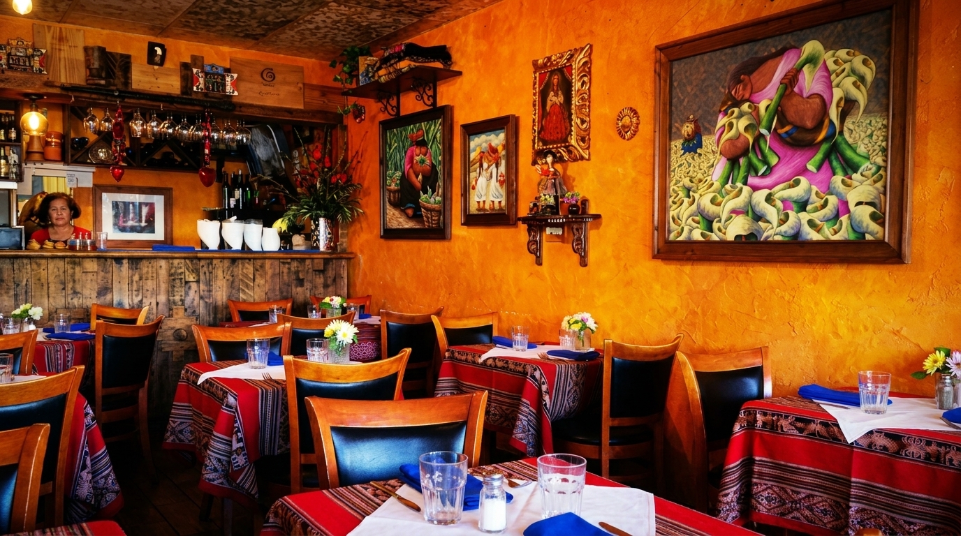 A vibrant restaurant interior with orange walls, colorful art, and tables set with red and patterned tablecloths.