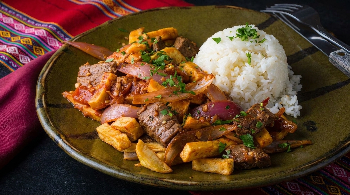 Peruvian Lomo Saltado with beef, onions, fries, and rice on a green plate with colorful fabric.