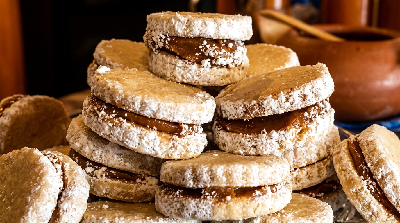A close-up of stacked alfajores, dulce de leche sandwiched between shortbread cookies, dusted with powdered sugar.