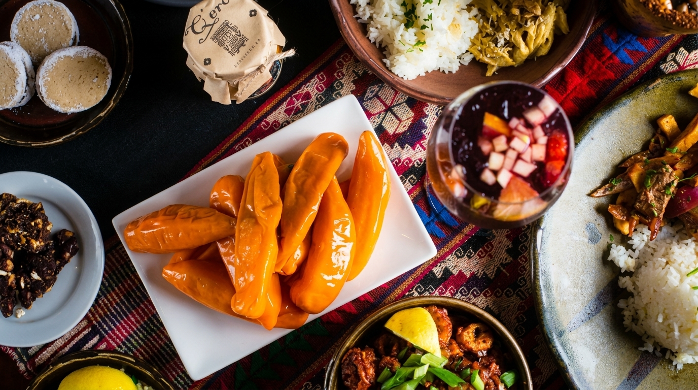 Overhead view of a vibrant Peruvian feast with various dishes, desserts, and drinks on a colorful textile.