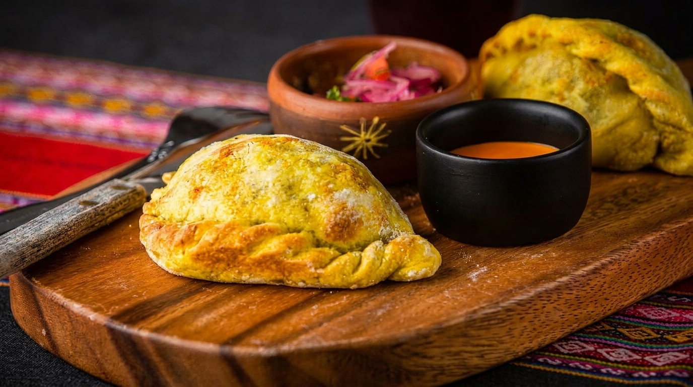 Two golden empanadas, a small bowl of red onions, and a black cup of sauce on a wooden board.