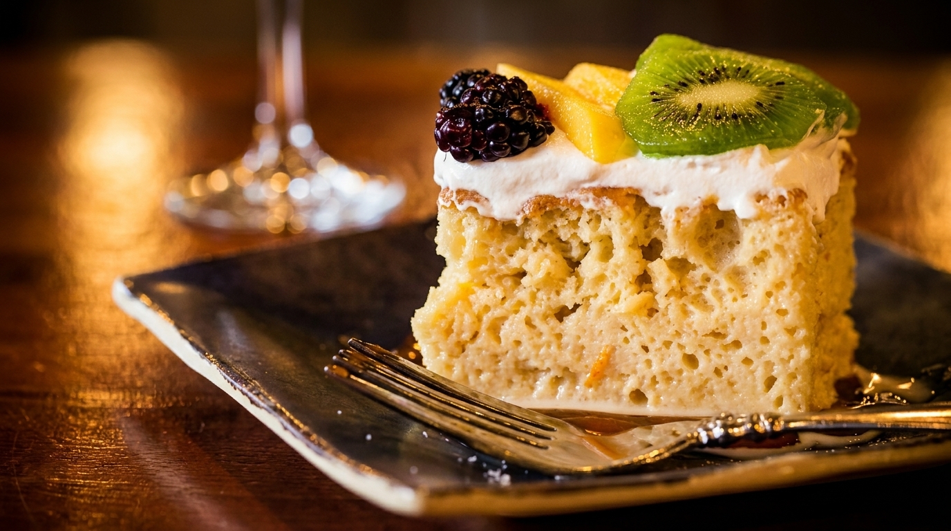 Slice of tres leches cake with whipped cream, kiwi, mango, and blackberries on a dark plate.
