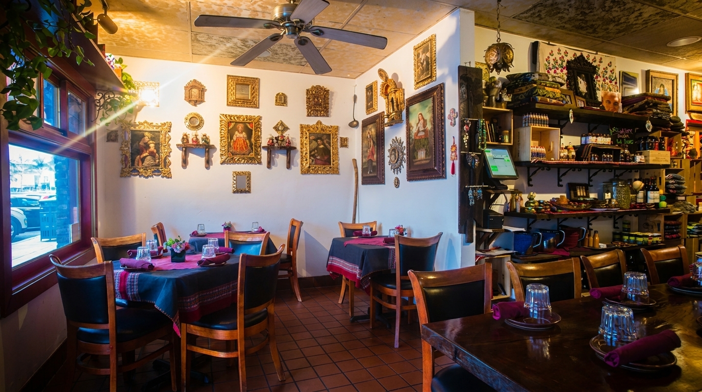 A restaurant dining room with tables set, ornate framed art on walls, and shelves of goods.