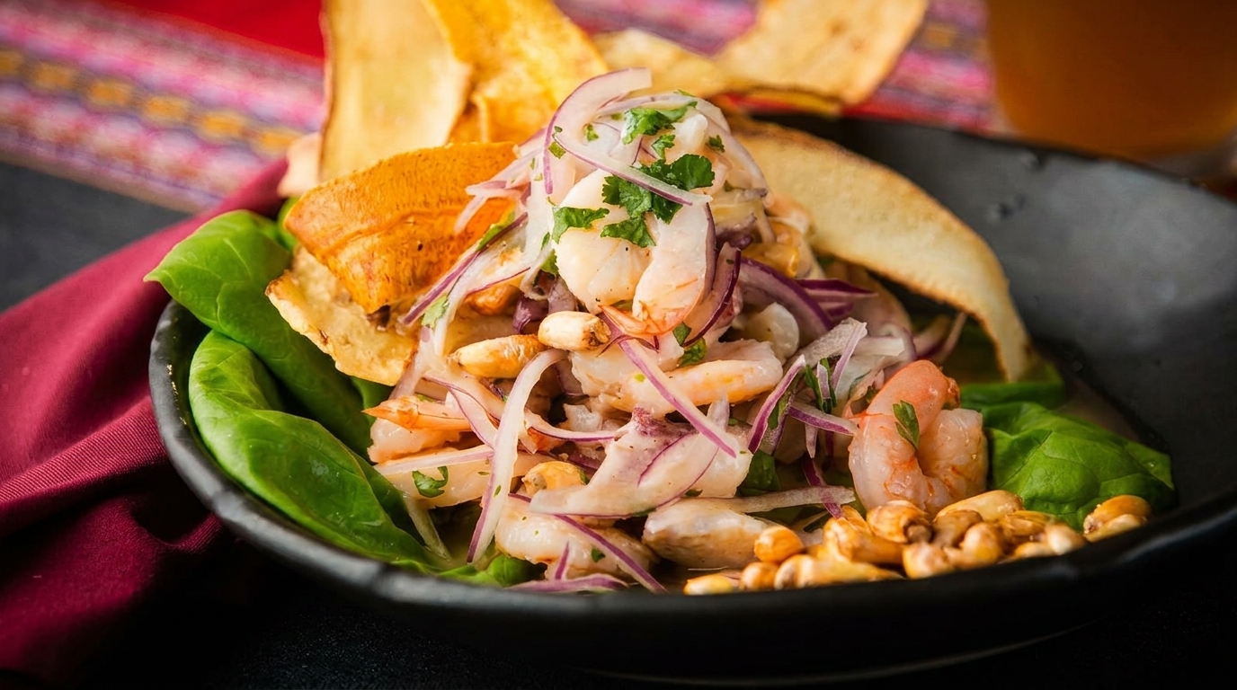 Shrimp ceviche with red onions, cilantro, corn, and plantain chips in a black bowl.