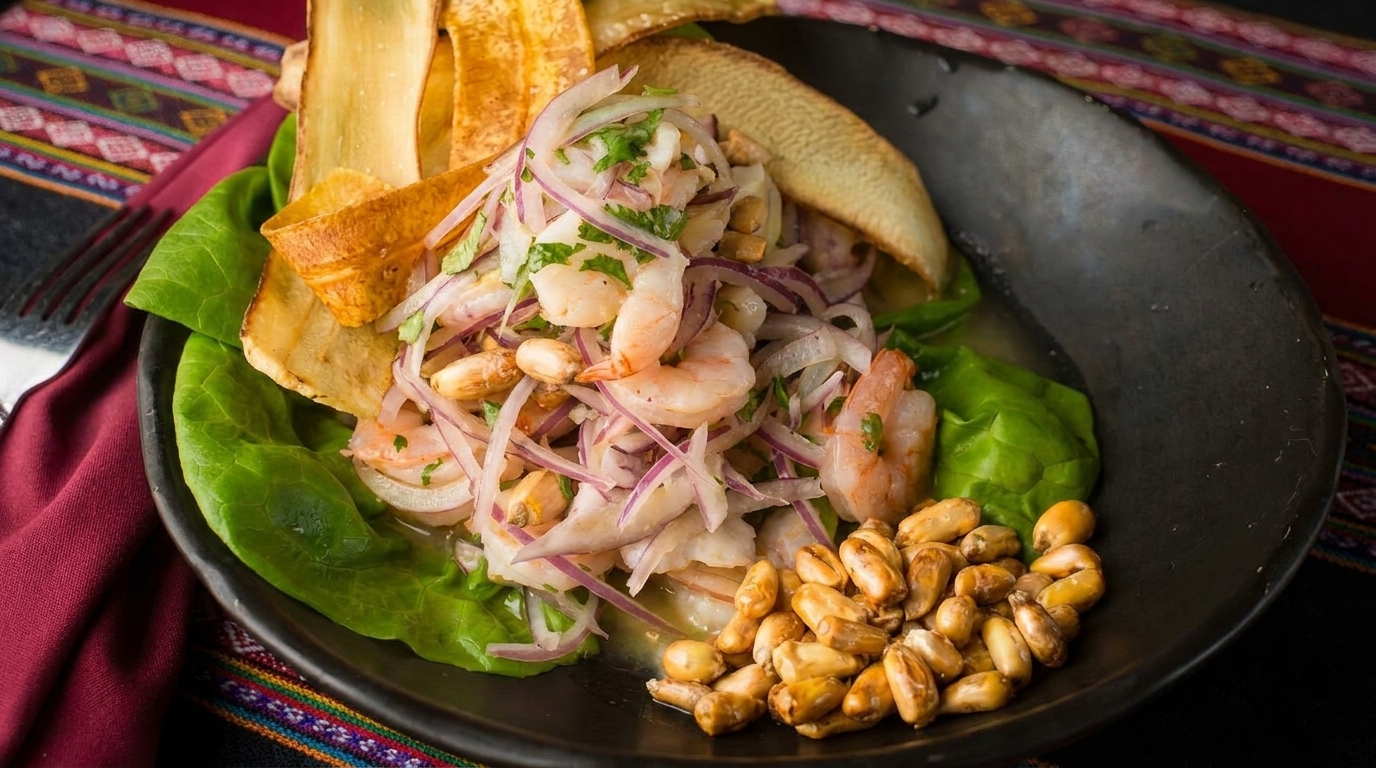 Shrimp ceviche with red onion, plantain chips, and toasted corn in a dark bowl.
