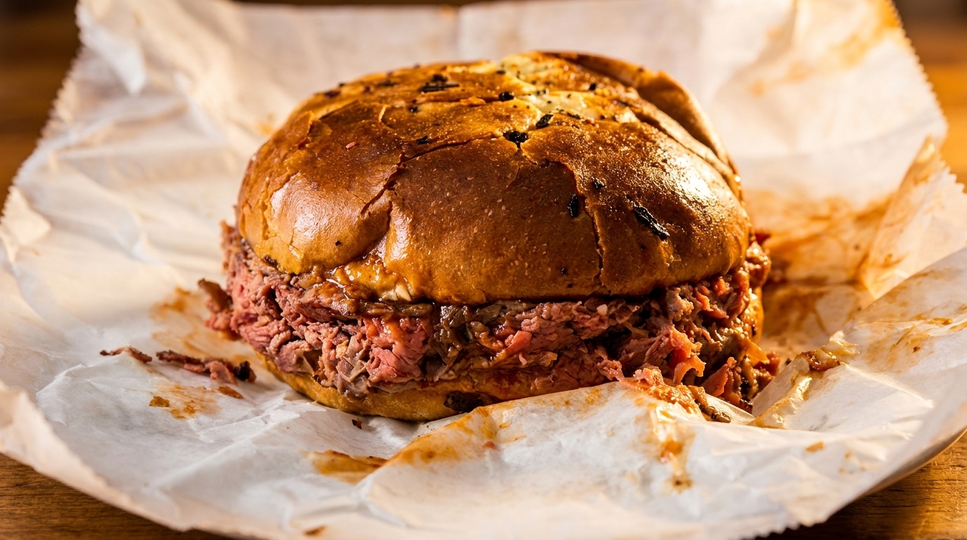 A large, juicy roast beef sandwich on a brioche bun, served on crumpled white paper.