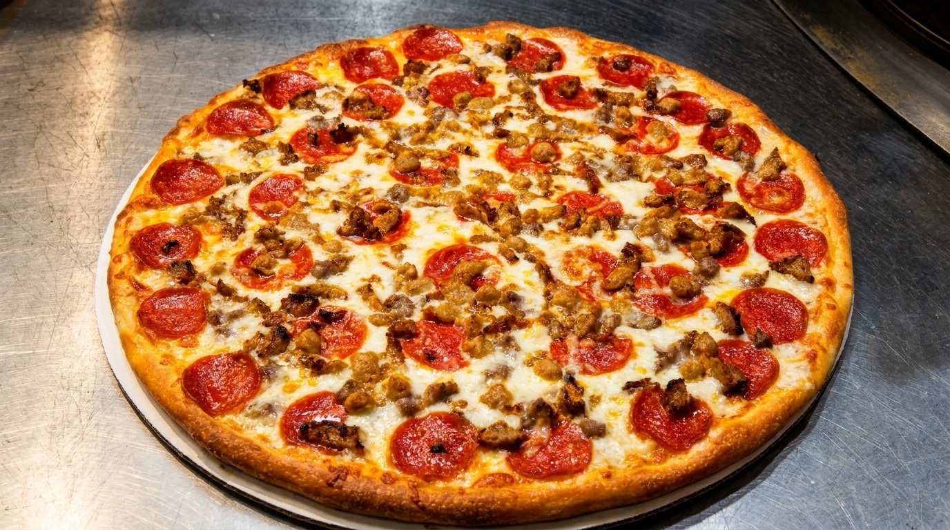 A whole pepperoni and sausage pizza with melted cheese on a metal counter.