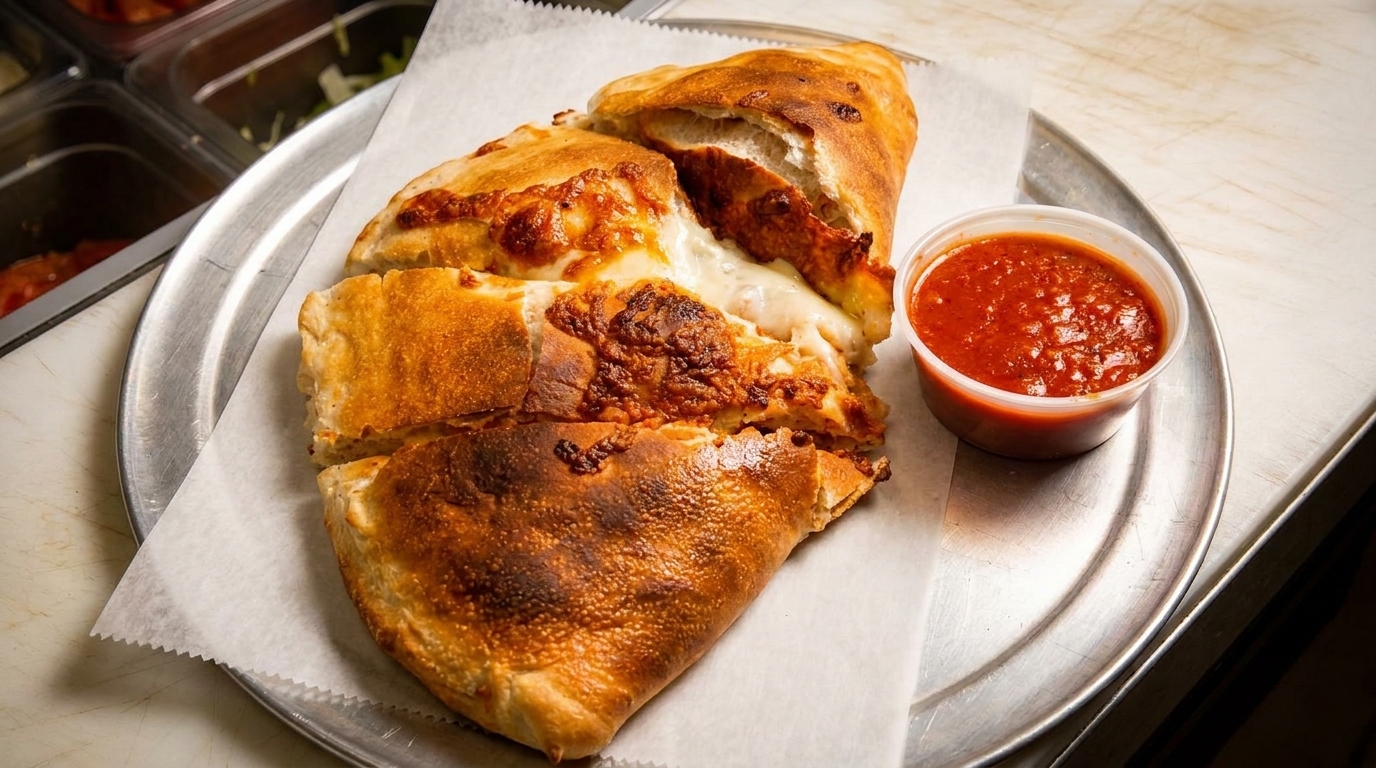 A golden-brown calzone, sliced open to reveal melted cheese, served with a side of marinara sauce.
