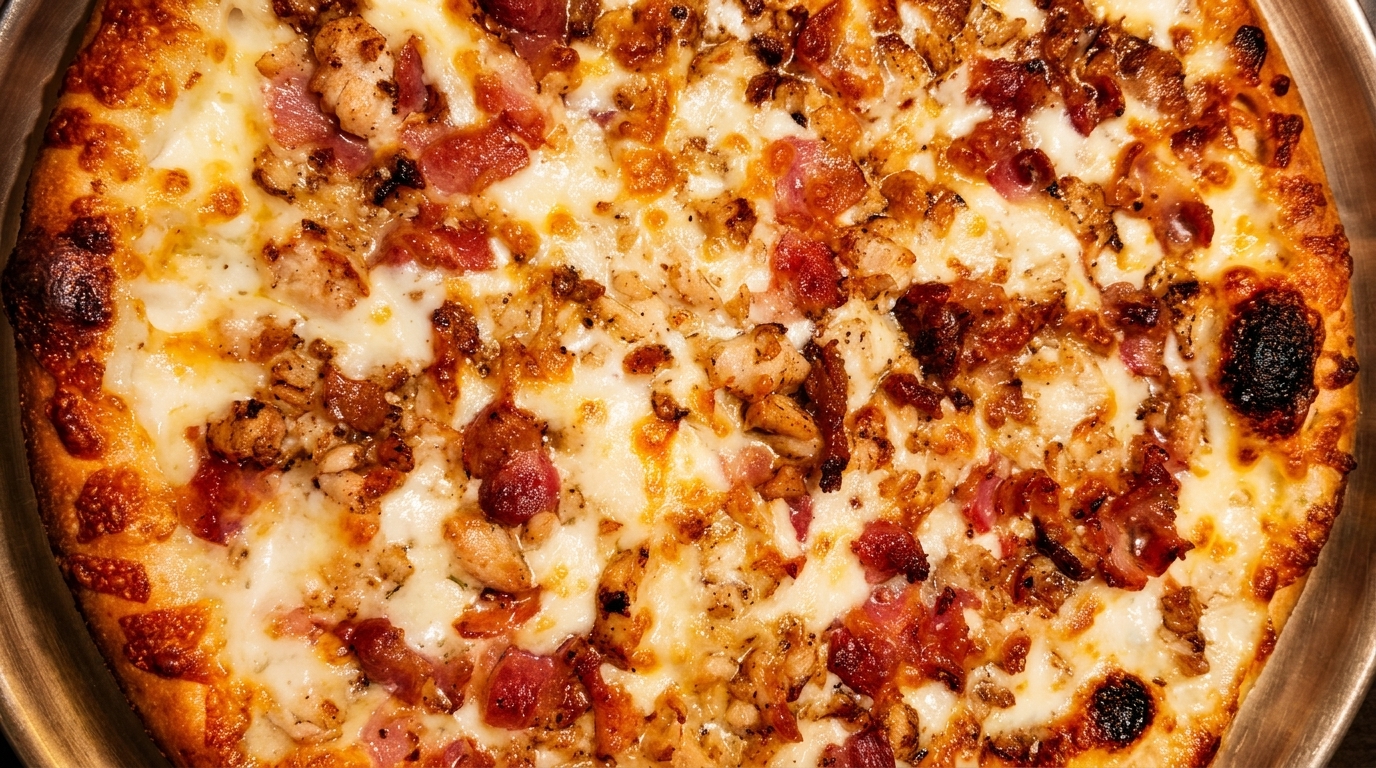 Close-up of a freshly baked pizza with melted cheese, chicken, and bacon toppings.