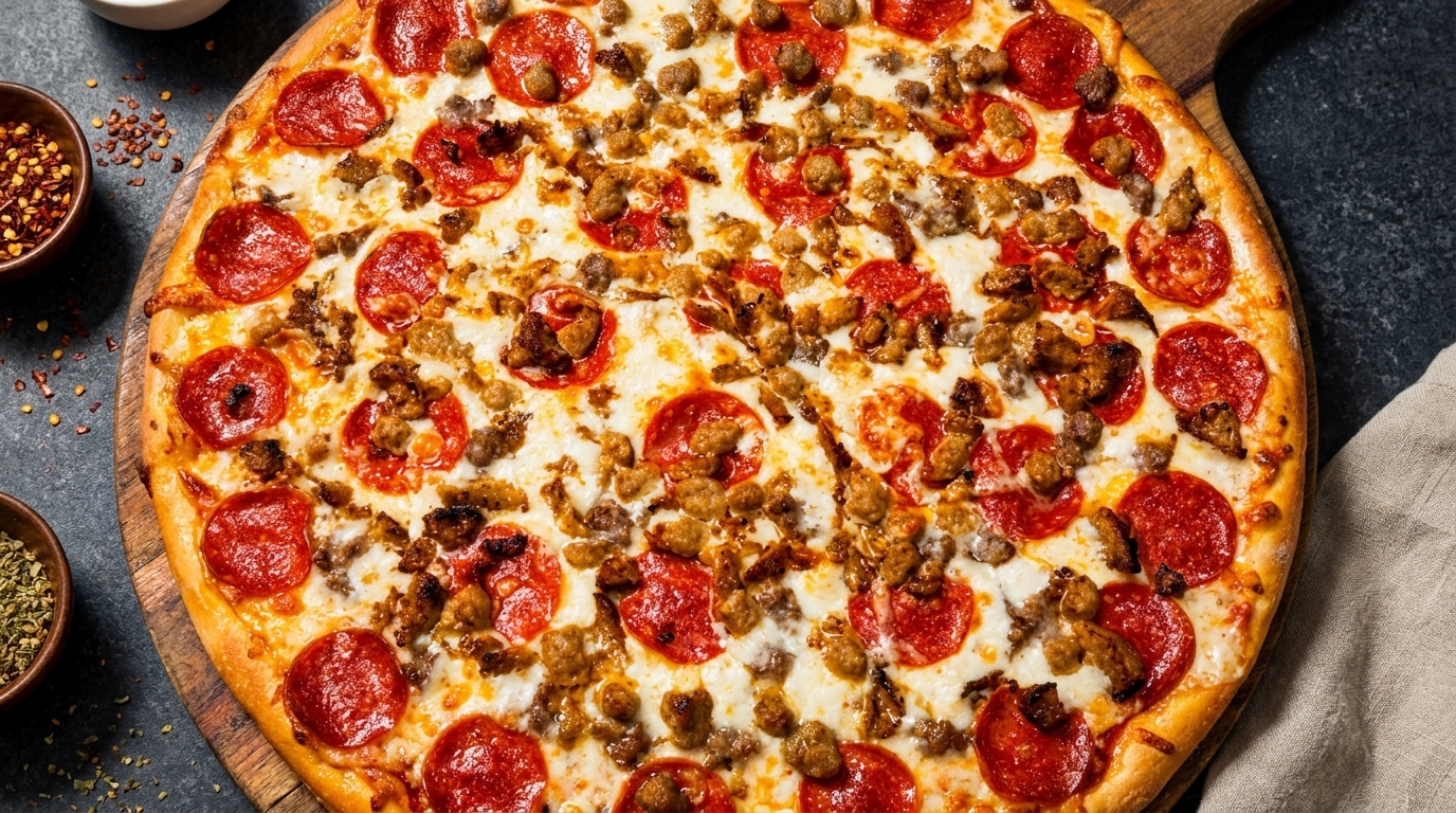 A whole pepperoni and sausage pizza on a wooden board, with bowls of spices nearby.