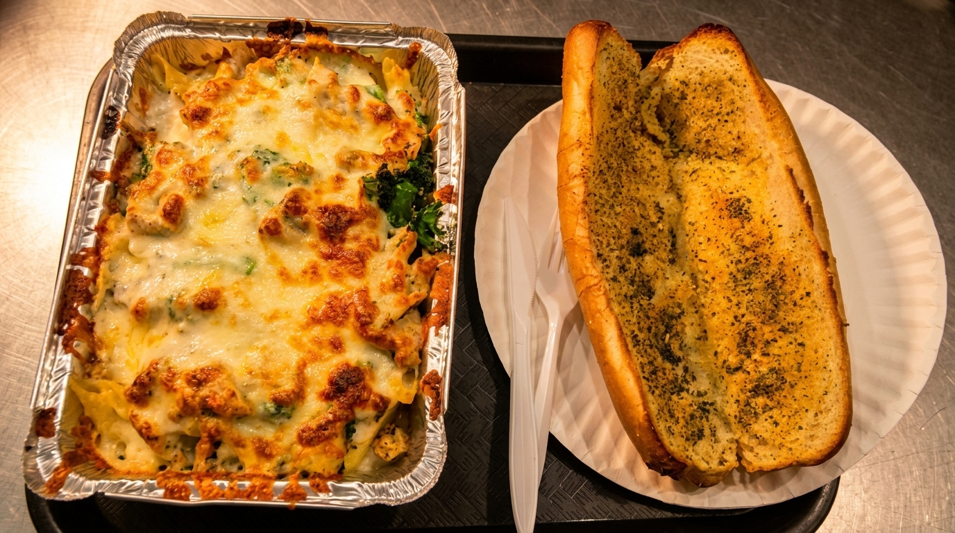 Baked pasta with melted cheese and broccoli in a foil pan, next to garlic bread on a paper plate.