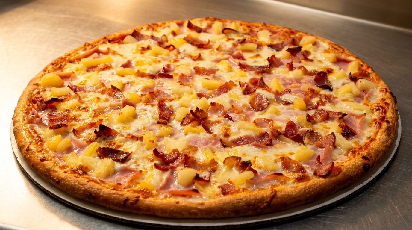 A whole Hawaiian pizza with ham, bacon, and pineapple on a metal counter.