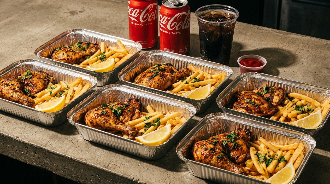 Six foil containers of grilled chicken and fries with lemon wedges, two Coca-Cola cans, and a drink.