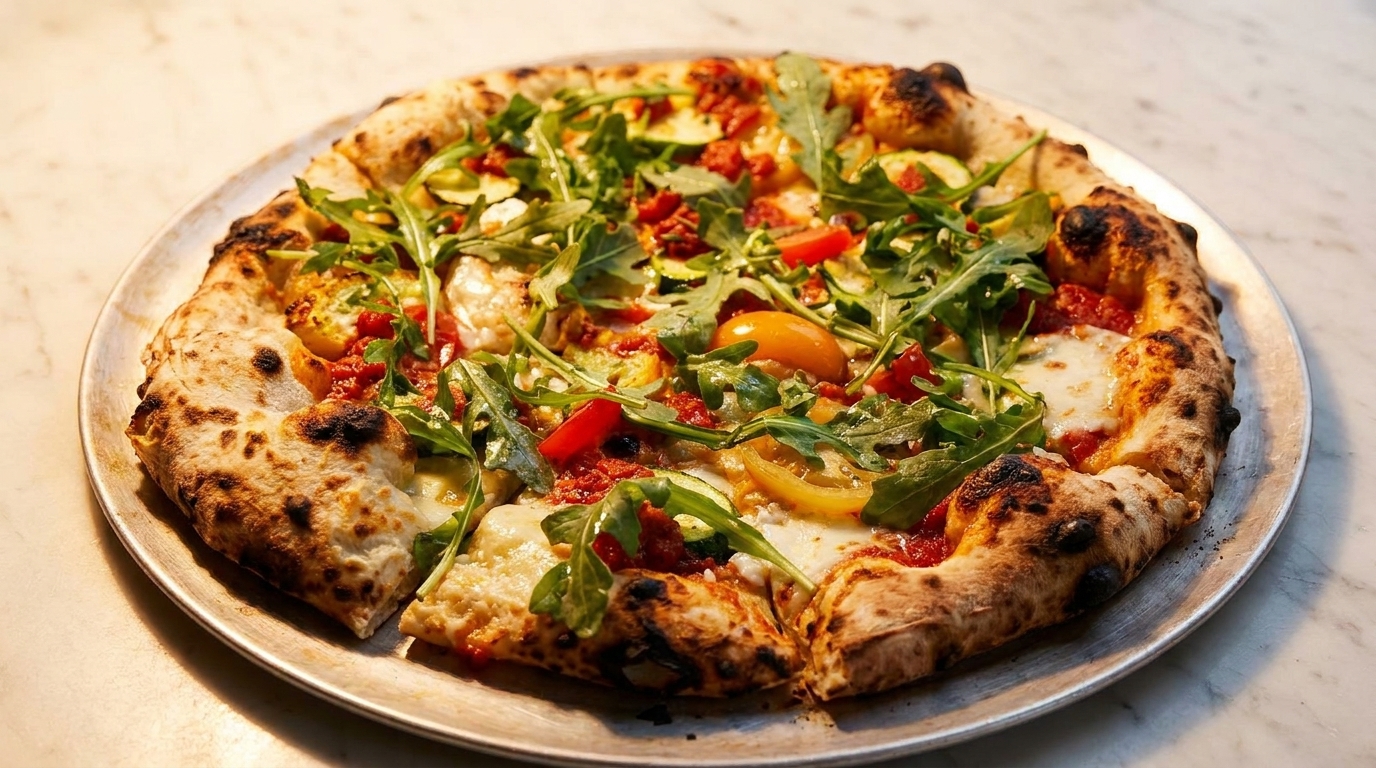 Neapolitan pizza with charred crust, fresh arugula, tomatoes, and zucchini on a metal tray.