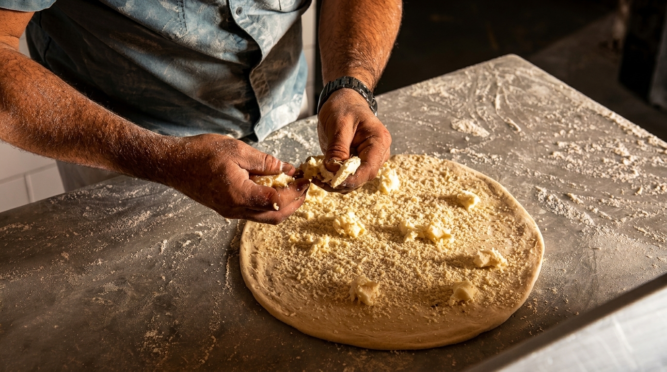 Chef's hands sprinkling cheese and crumbs onto a pizza dough on a floured counter.