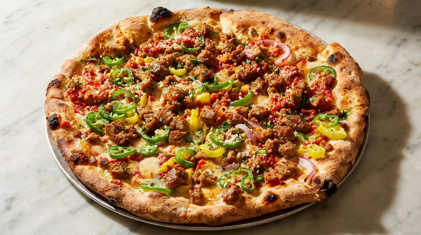 A whole pizza with sausage, red sauce, green jalapeños, yellow peppers, and red onions.
