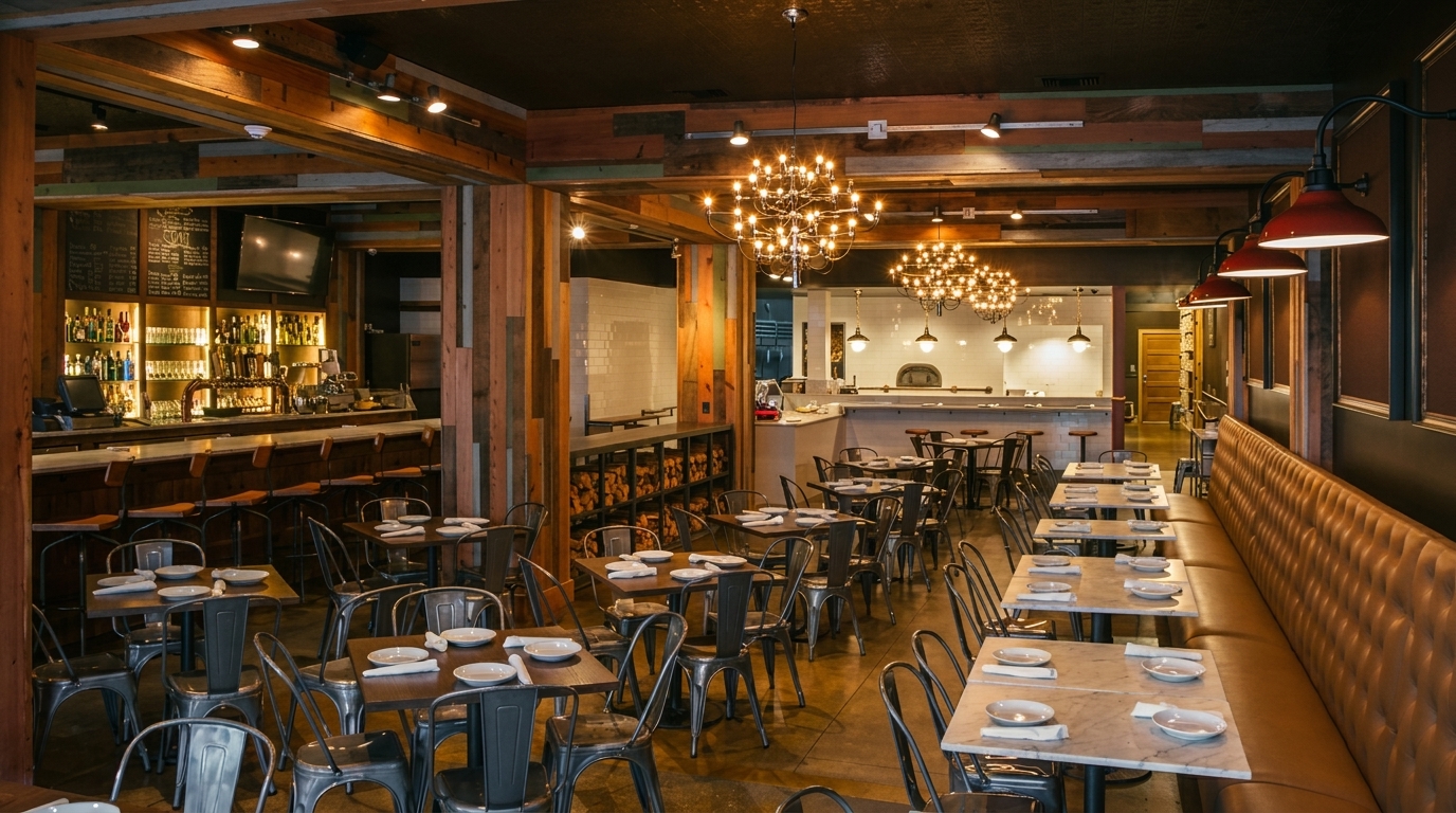 A rustic-chic restaurant interior with a full bar, dining tables, and a pizza oven in the background.