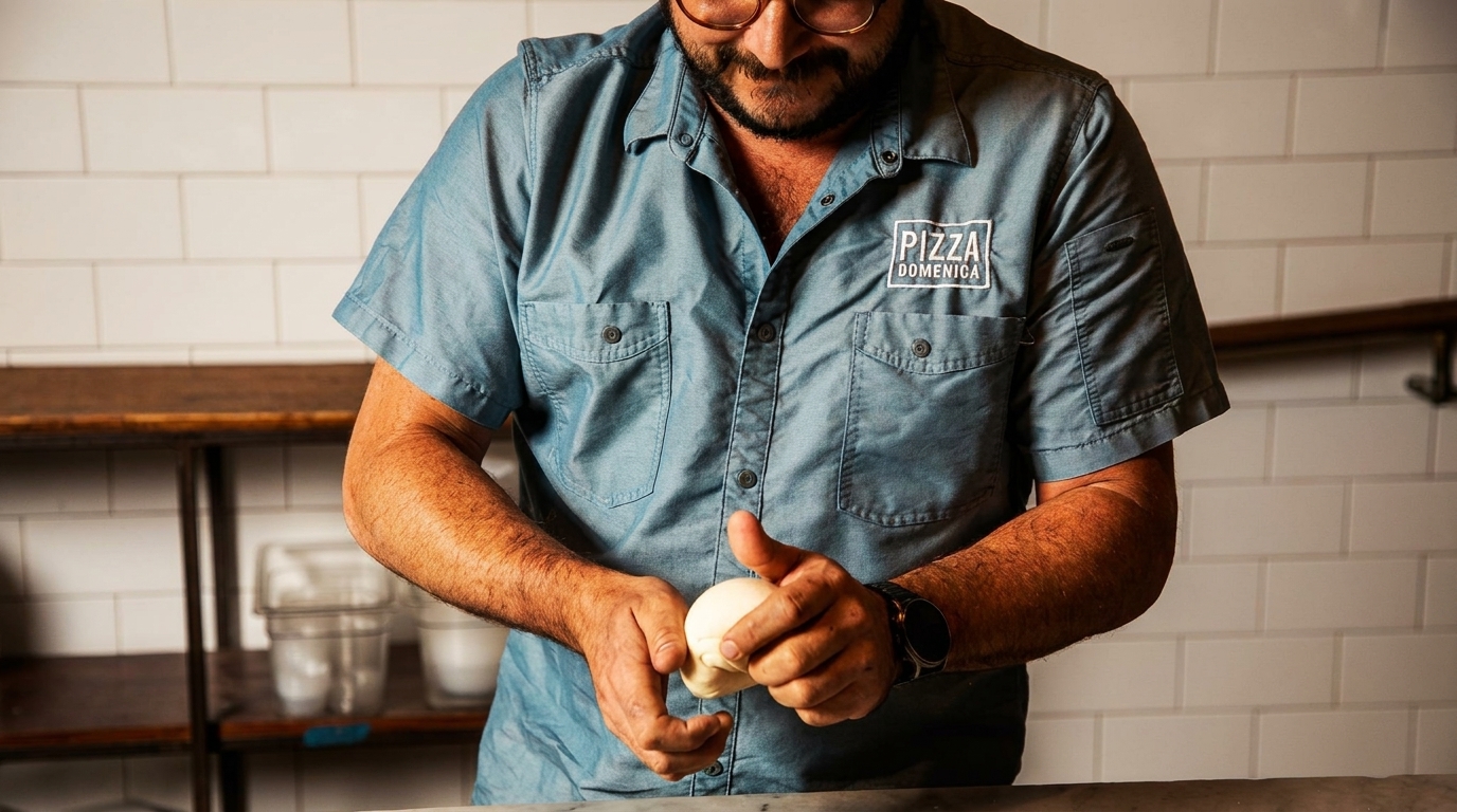 A Pizza Domenica chef in a blue shirt shapes pizza dough with his hands.