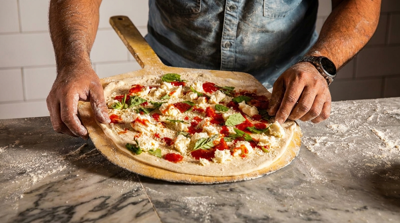 Chef's hands preparing a fresh pizza with tomato sauce, mozzarella, and basil on a wooden peel.