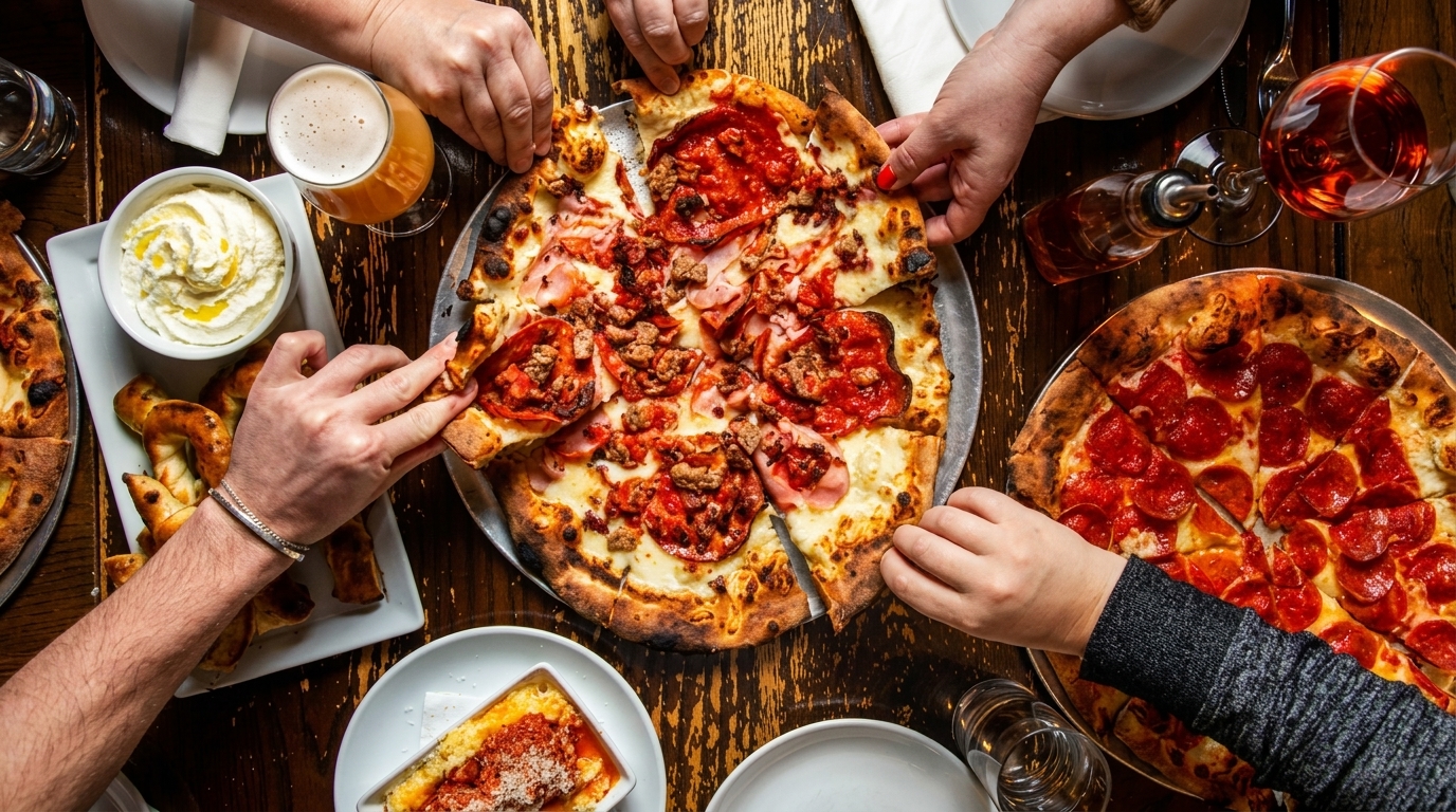 Hands reaching for slices of two pizzas, with drinks and appetizers on a wooden table.